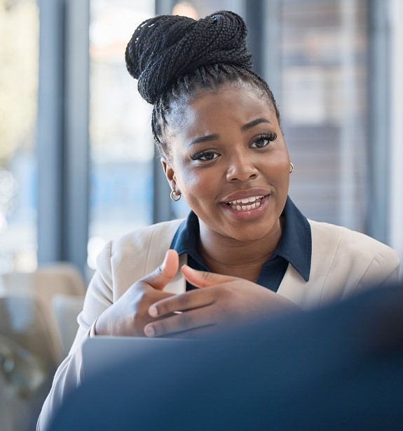 Black woman, leadership and meeting for business idea, planning or strategy at the office. African American female leader in management for conference talk, proposal or discussion at the workplace